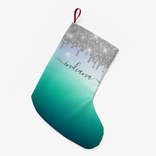 Monogram Holiday Script Name Silver Glitter Ombre Small Christmas Stocking