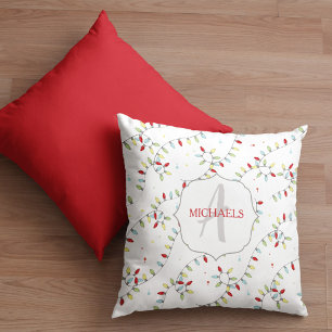 Monogram Holiday String Lights Custom Christmas Cushion