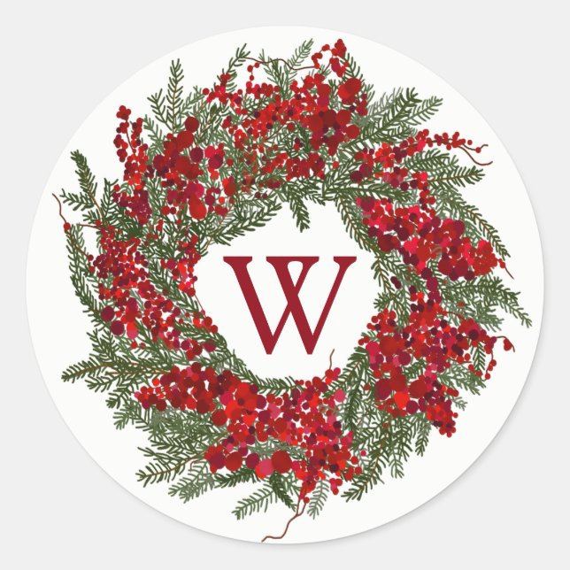 Monogram Holiday Wreath Christmas Stickers (Front)