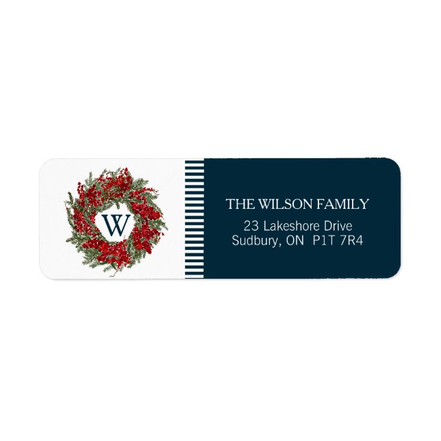 Monogram Holiday Wreath Return Address Labels (Front)