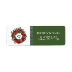 Monogram Holiday Wreath Return Address Labels