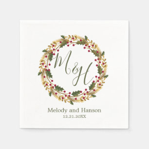 Monogram Holly and golden pine wreath Wedding Napkin