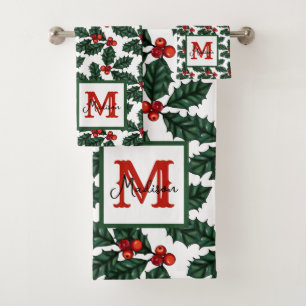 Monogram Holly Berry Christmas Bath Towel Set