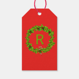 Monogram Holly Berry Wreath Personalized Initial Gift Tags