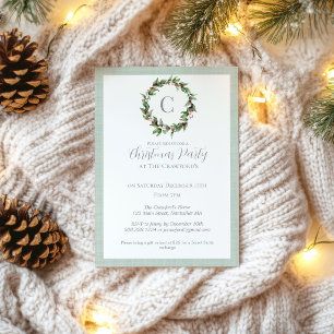 Monogram Holly Red Berry Wreath Christmas Invitation
