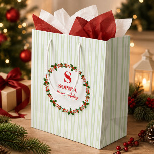 Monogram Holly Wreath holiday Pattern Medium Gift Bag