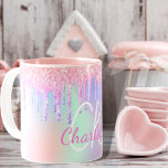 Monogram holographic unicorn glitter rainbow name coffee mug<br><div class="desc">A trendy holographic background with unicorn and rainbow pastel colours in pink, purple, rose gold, mint green. Decorated with faux glitter drips in rose gold, pink and purple. Personalise and add your monogram initials and name. Pink and white coloured letters. A bit of everyday glam to brighten up your day!...</div>