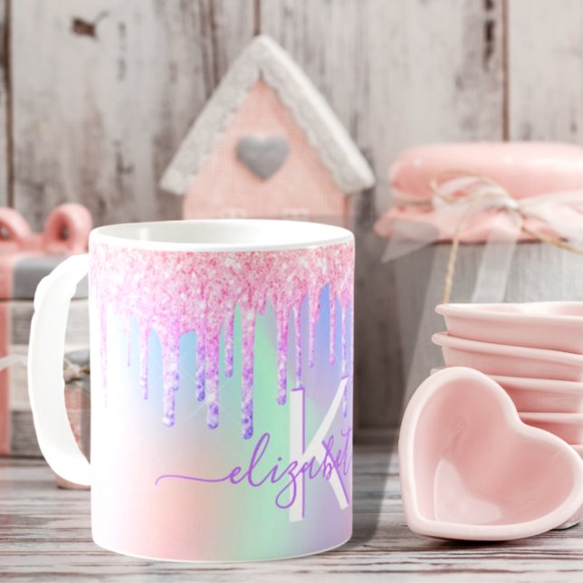 Monogram holographic unicorn glitter rainbow name coffee mug (Creator Uploaded)