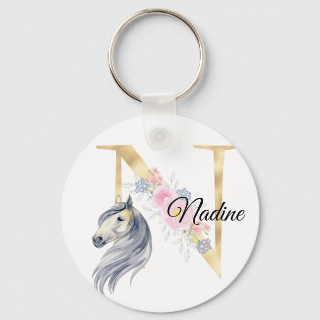 Monogram horse cute floral girly equestrian name   key ring (Front)