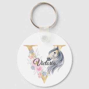 Monogram horse cute floral girly equestrian name l key ring