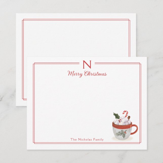 Monogram Hot Cocoa Red Border Christmas Stationery Card (Front/Back)