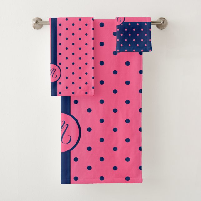Monogram Hot Pink and Navy Polka Dot Pattern Bath Towel Set (Insitu)