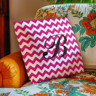 Monogram Hot Pink and White Chevron Cushion