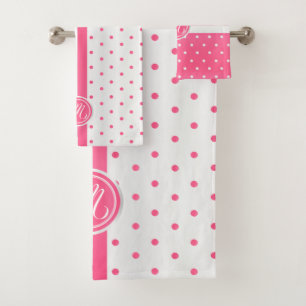 Monogram Hot Pink and White Polka Dot Pattern Bath Towel Set