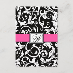 Monogram Hot Pink Black Damask Wedding RSVP Cards
