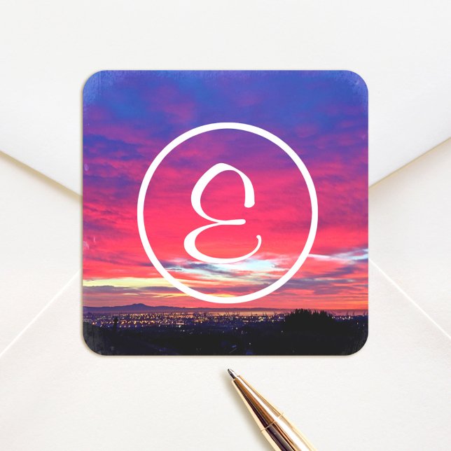 Monogram hot pink blue sunset photography modern square sticker (Creator Uploaded)