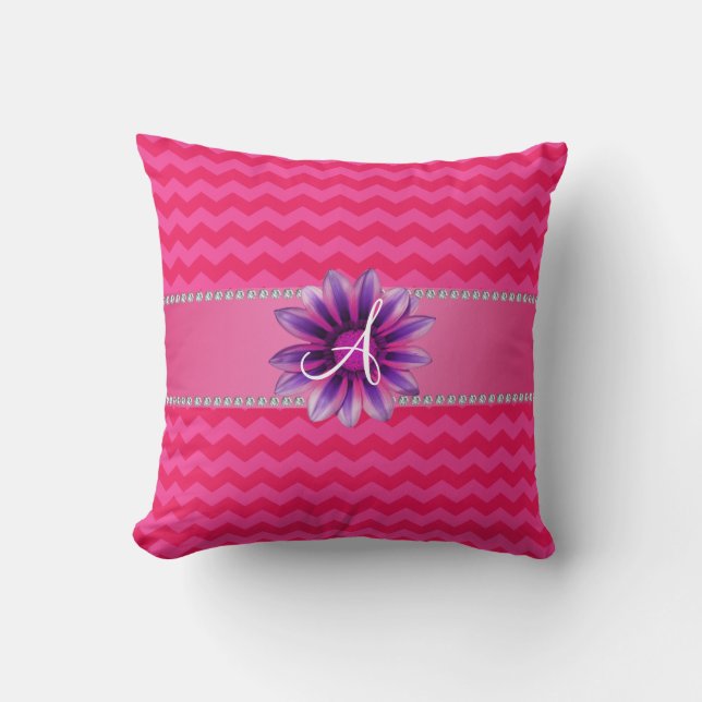 Monogram hot pink chevrons pink daisy cushion (Front)