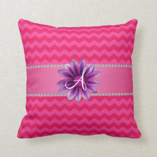 Monogram hot pink chevrons pink daisy cushion