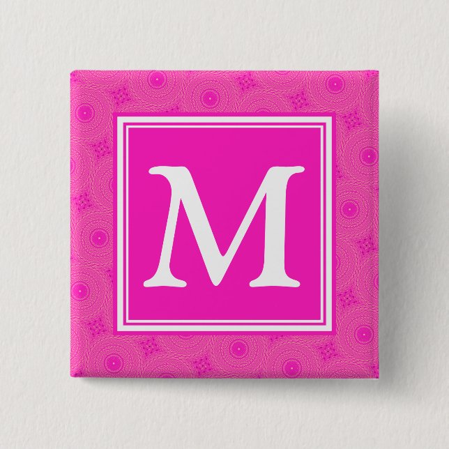 Monogram hot pink circles pattern 15 cm square badge (Front)
