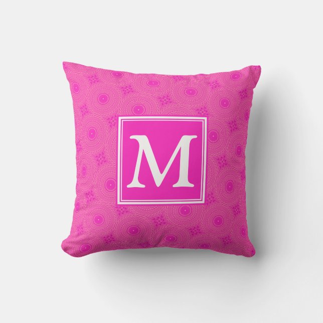 Monogram hot pink circles pattern cushion (Front)