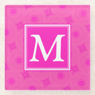 Monogram hot pink circles pattern glass coaster