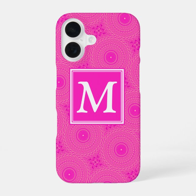 Monogram hot pink circles pattern iPhone 16 case (Back)