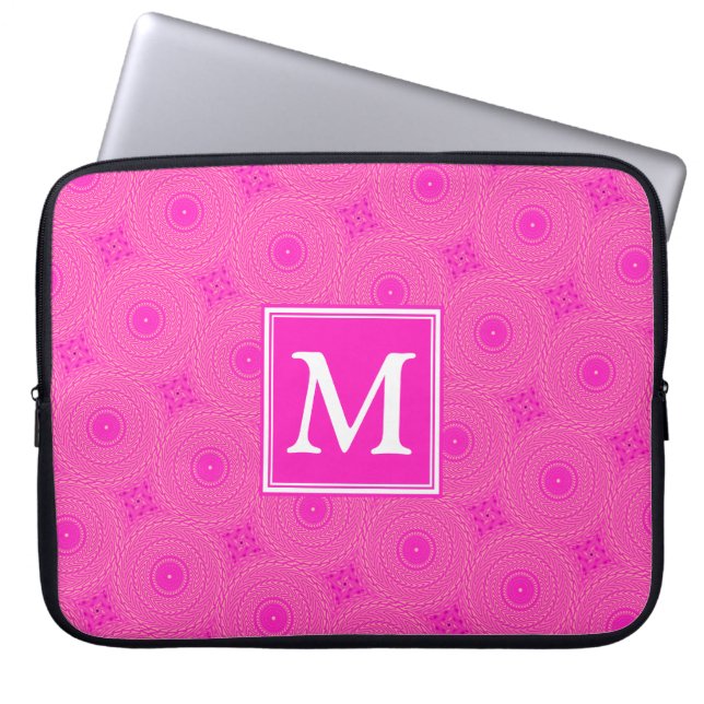 Monogram hot pink circles pattern laptop sleeve (Front)