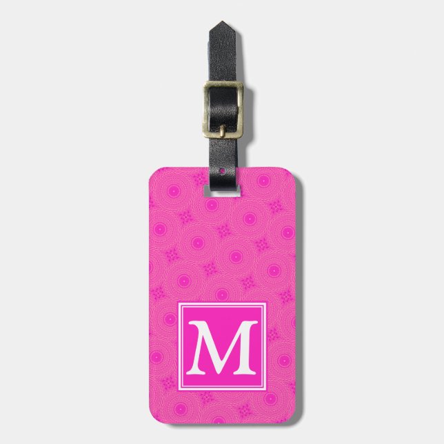 Monogram hot pink circles pattern luggage tag (Front Vertical)