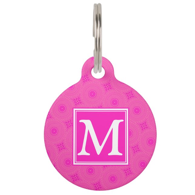 Monogram hot pink circles pattern pet tag (Front)