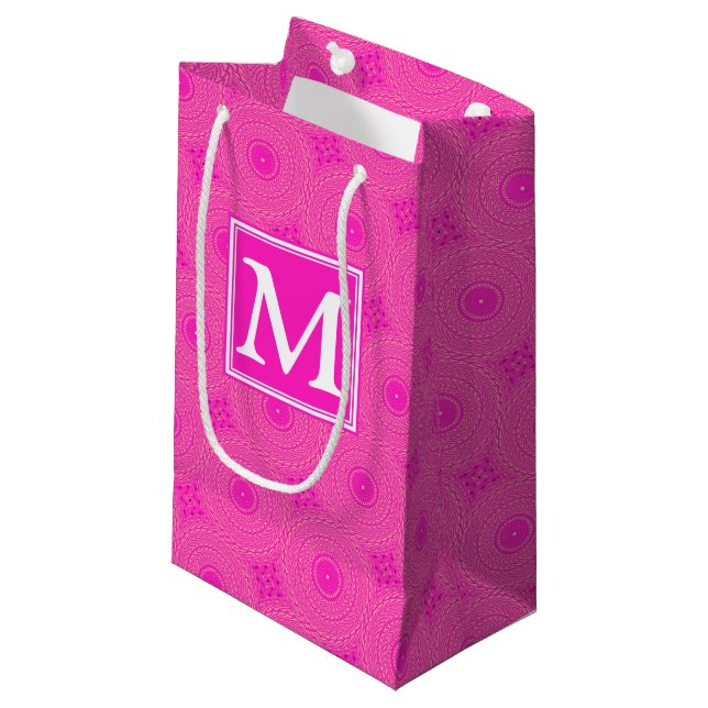 Monogram hot pink circles pattern small gift bag (Front Angled)