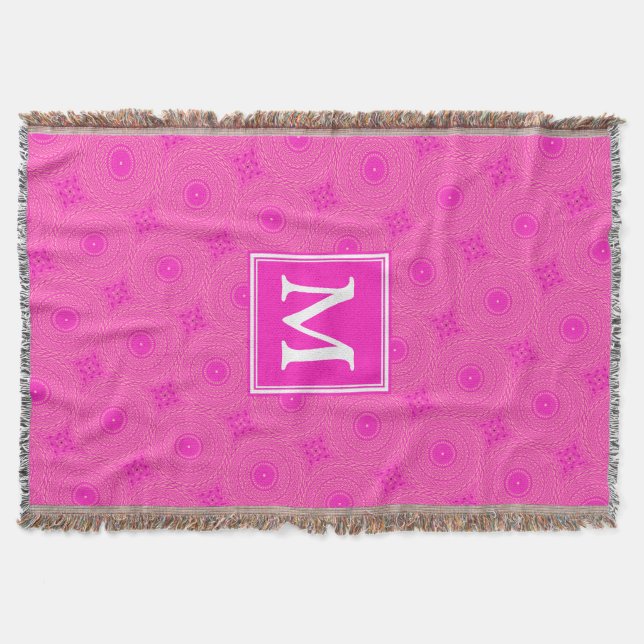 Monogram hot pink circles pattern throw blanket (Front)