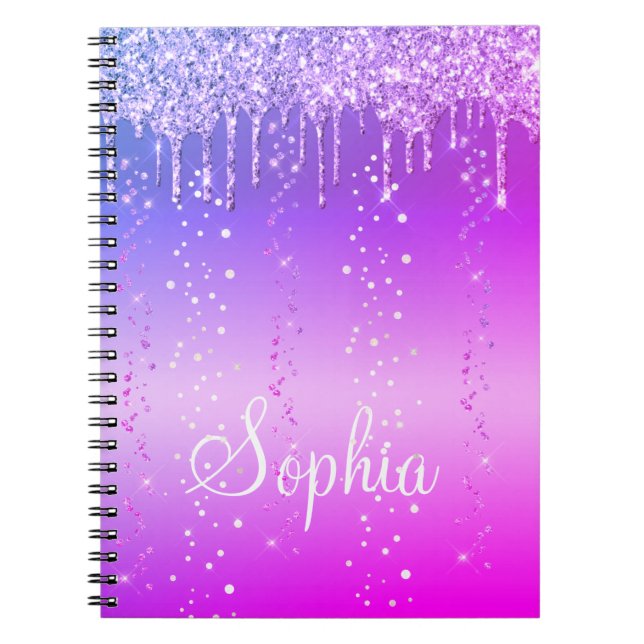 Monogram Hot Pink Dripping Glitter Metallic  Notebook (Front)
