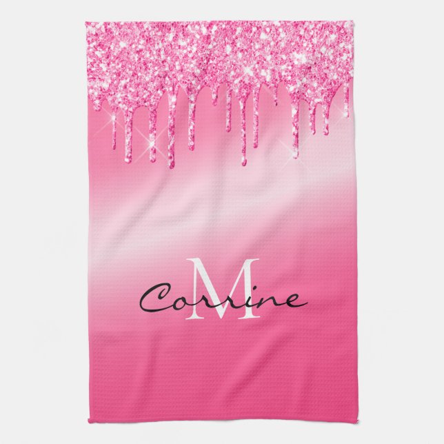 Monogram Hot Pink Dripping Glitter Metallic Waffle Tea Towel (Vertical)