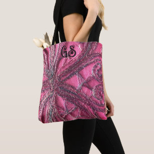 Monogram hot pink elegant floral print embroidery tote bag