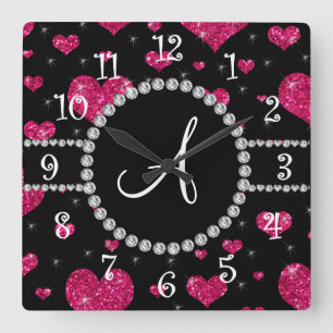 Monogram hot pink glitter hearts black diamonds square wall clock