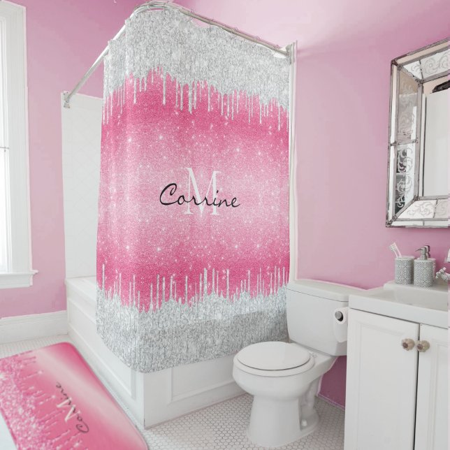 Monogram Hot Pink Ombre Glitter Silver Icing Drip Shower Curtain (Creator Uploaded)
