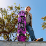 Monogram hot pink purple ombre leaf cool trendy  skateboard<br><div class="desc">Bring a bit of the jungle tropics to your city streets whenever you use cool, chic, modern skateboard sporting a handwritten monogram initial over a graphic palm leaf pattern of vivid, distressed hot pink and purple ombre gradations on black. Makes a fun and stylish statement every time you surf the...</div>