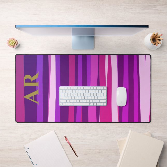 Monogram Hot Pink Purple Stripes Gold Initials  Desk Mat (Office 1)