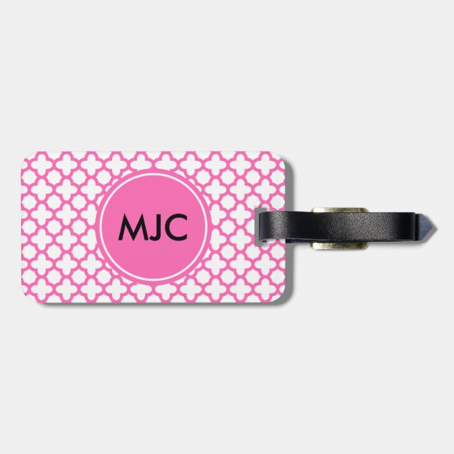 Monogram Hot Pink Quatrefoil Pattern Luggage Tag (Back Horizontal)