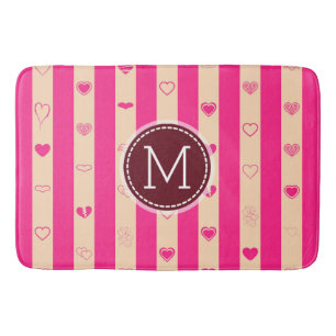 Monogram Hot Pink Stripes Modern Heart Pattern Bath Mat