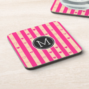 Monogram Hot Pink Stripes Modern Heart Pattern Coaster