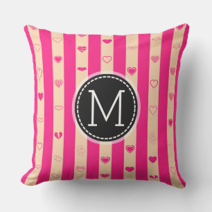 Monogram Hot Pink Stripes Modern Heart Pattern Cushion