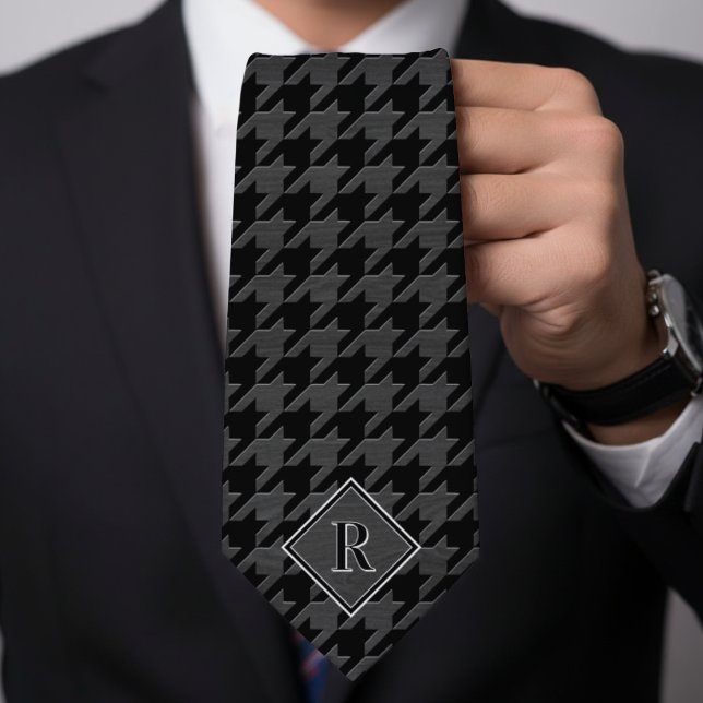 Monogram Houndstooth Pattern Black & Grey Wood Tie (Monogram Houndstooth Pattern Black & Grey Wood Neck Tie
)