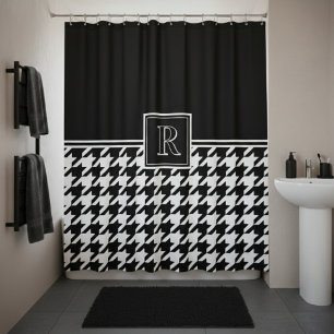 Monogram Houndstooth Pattern Black & White Shower Curtain