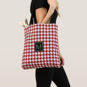Monogram Houndstooth Pattern Red and White Tote Bag