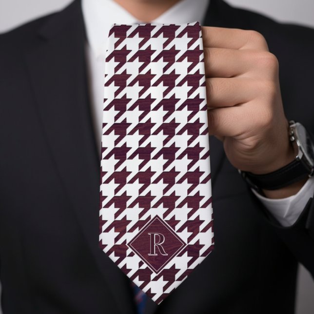 Monogram Houndstooth Pattern White & Burgundy Wood Tie (Monogram Houndstooth Pattern White & Burgundy Wood Neck Tie
)