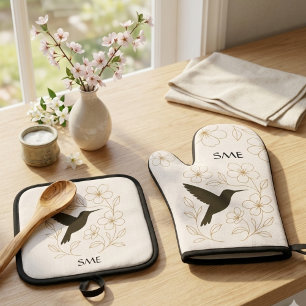 Monogram Hummingbird Botanical Birthday Floral Oven Mitt & Pot Holder Set