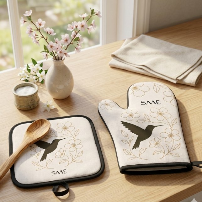 Monogram Hummingbird Botanical Birthday Floral Oven Mitt & Pot Holder Set (Elegant hummingbird botanical kitchen set for her — perfect Mother's Day gift idea.)