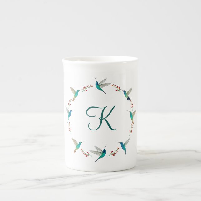 Monogram Hummingbird Wreath Bone China Mug (Front)