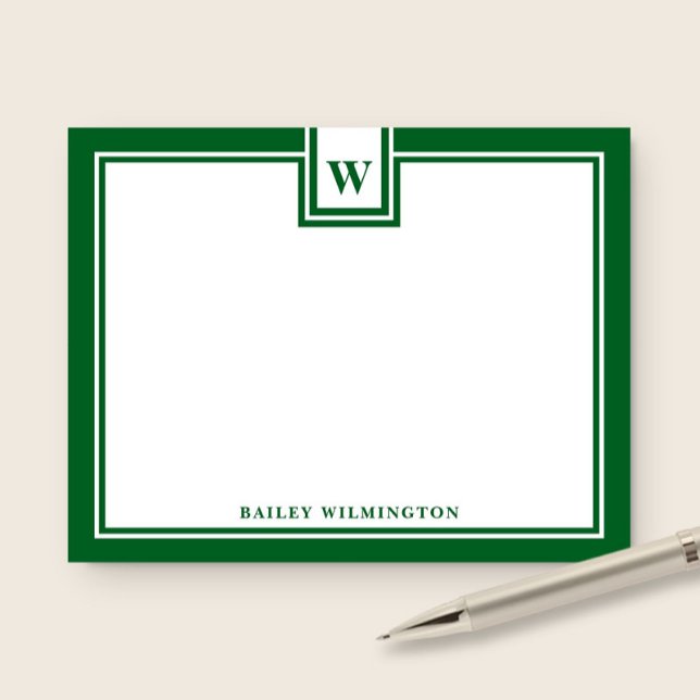 Monogram Hunter Green Border Modern Stationery Card (Creator Uploaded)
